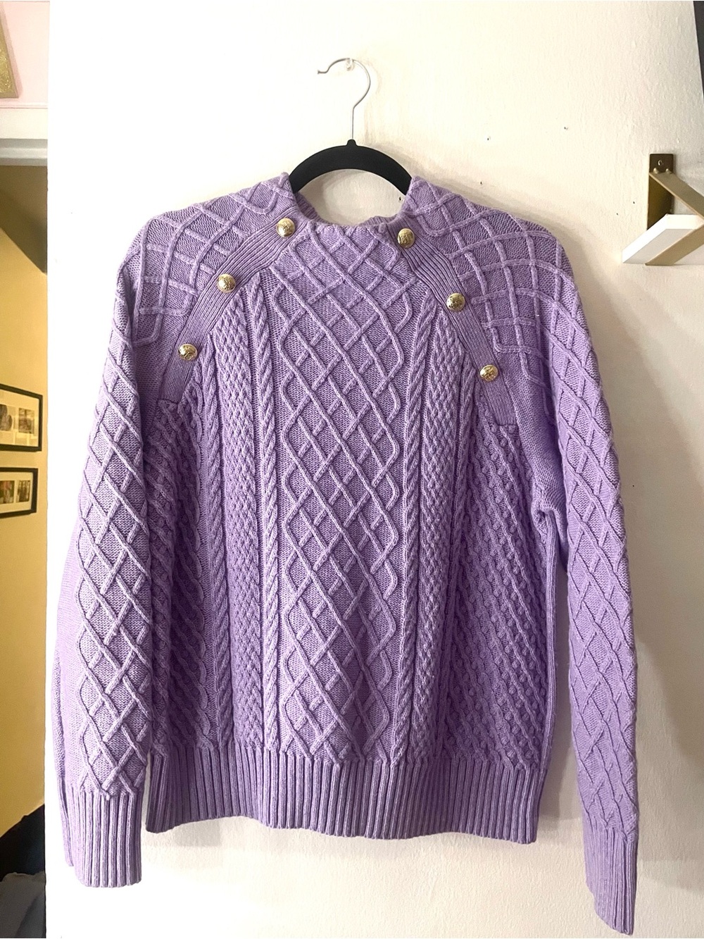 Talbots Lavender Cable-Knit Sweater with Gold Buttons